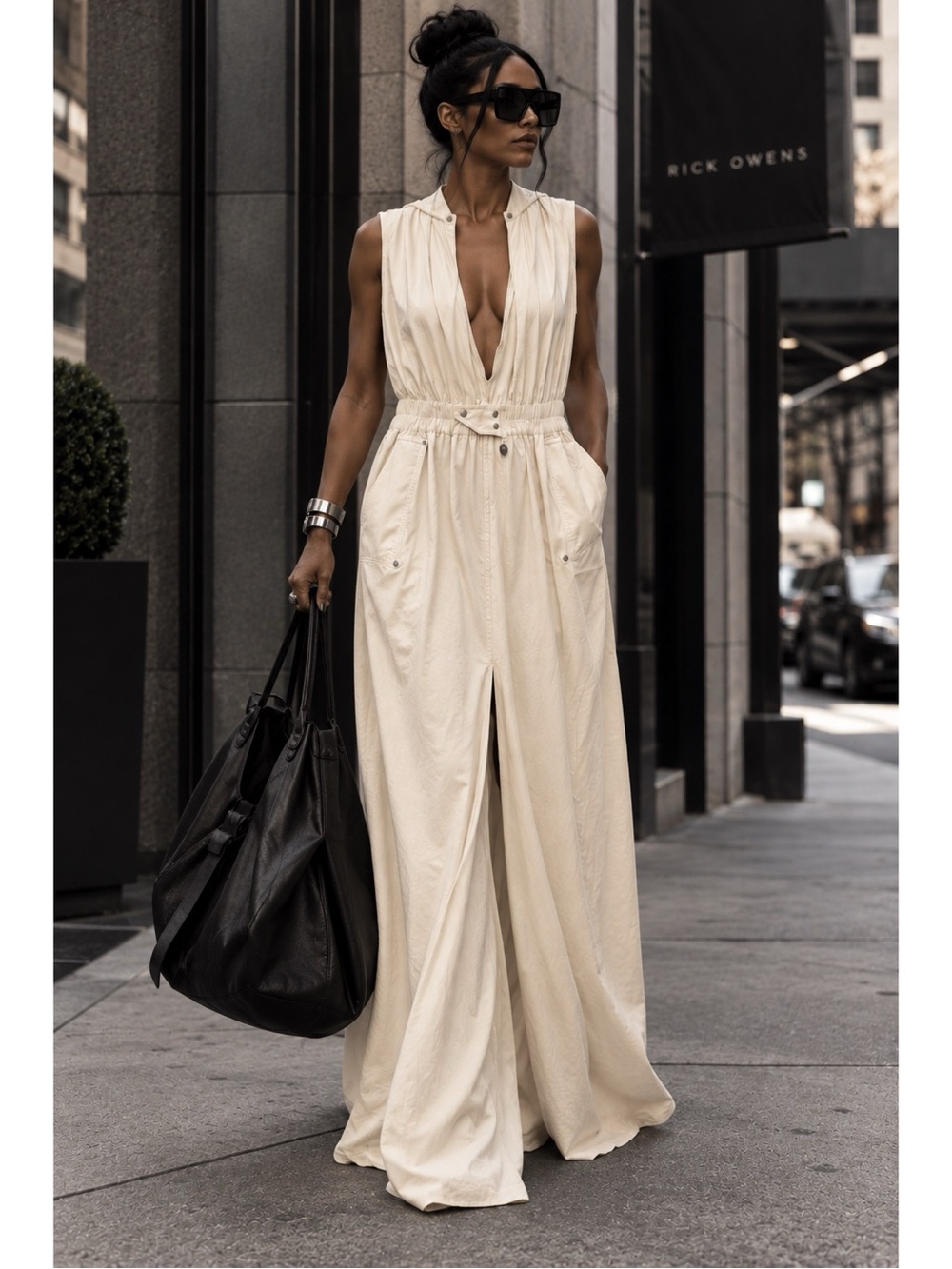 Sleeveless Cream Plunging Maxi Rick Owens DRKSHDW Peleg Maxi Dress Natural S NWT